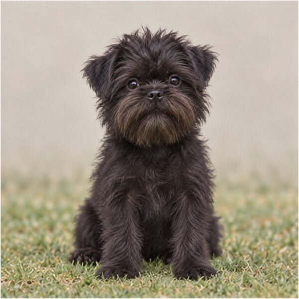 Small, black, shaggy dog with a mischievous expression sitting upright