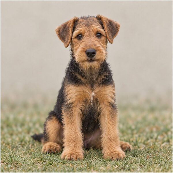 Wire-haired Airedale Terrier standing proudly, brown and black coat glistening in sunlight