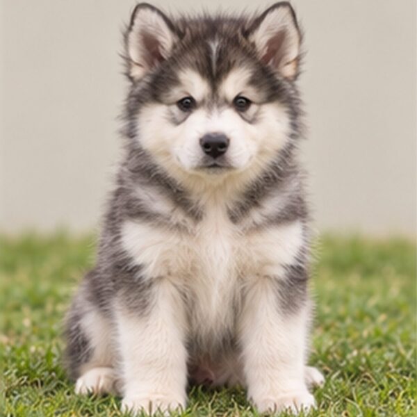 Fluffy gray and white dog with a strong build, standing proudly outdoors