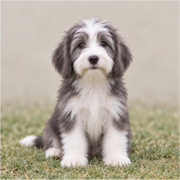 Fluffy, medium-sized dog with a long, shaggy coat and lively expression