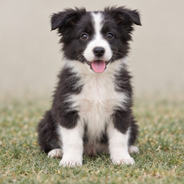 Black and white Border Collie sitting attentively, with alert ears and expressive eyes