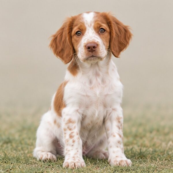 A lively orange and white dog standing gracefully in a field