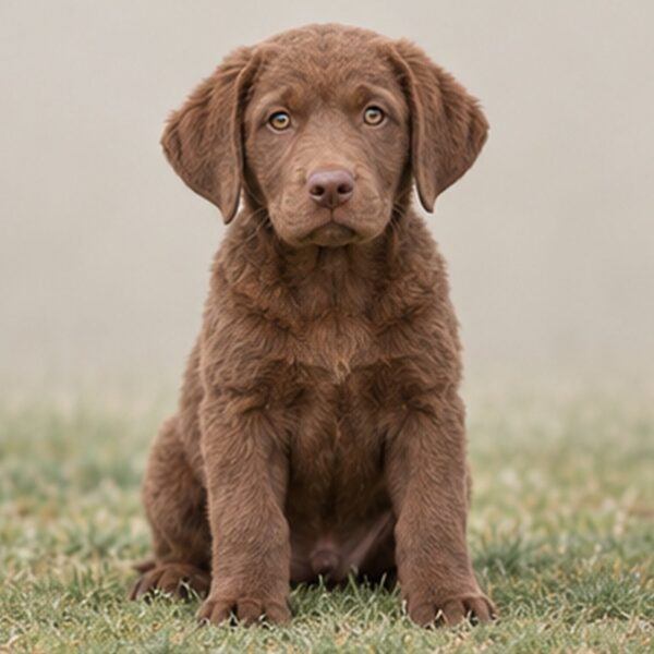A brown Chesapeake Bay Retriever standing confidently by the water's edge
