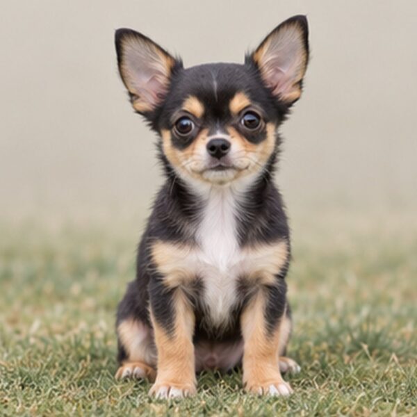 Small tan and white Chihuahua standing alert with perked ears