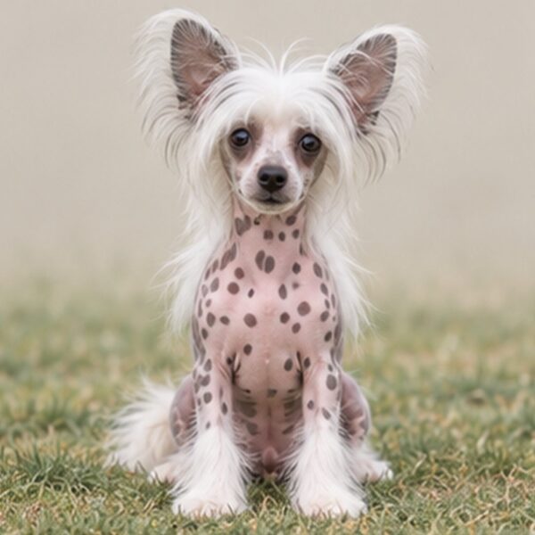 Hairless dog with exposed skin, fluffy crest on head, standing proudly