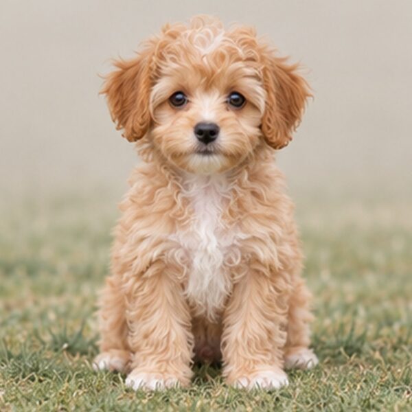 Small, fluffy dog with a curly coat, playful expression, and alert posture