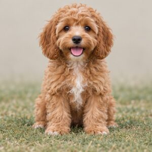 Fluffy Cockapoo with wavy coat, sitting playfully with a happy expression