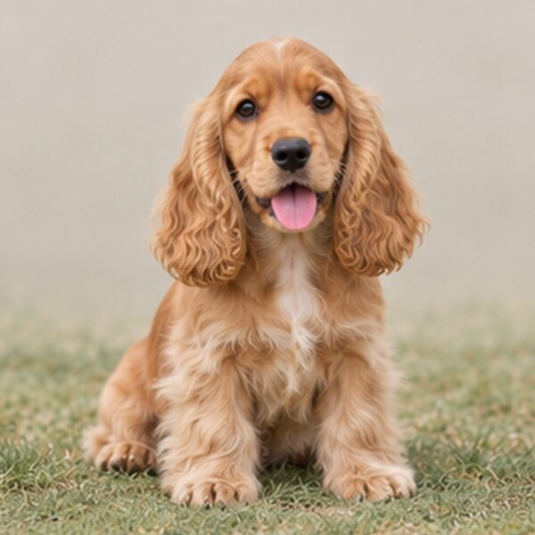 Golden-brown Cocker Spaniel with wavy coat sitting proudly on grass