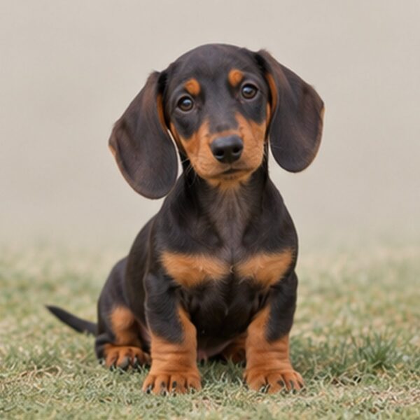 Short-bodied dog with long, smooth coat, and alert posture