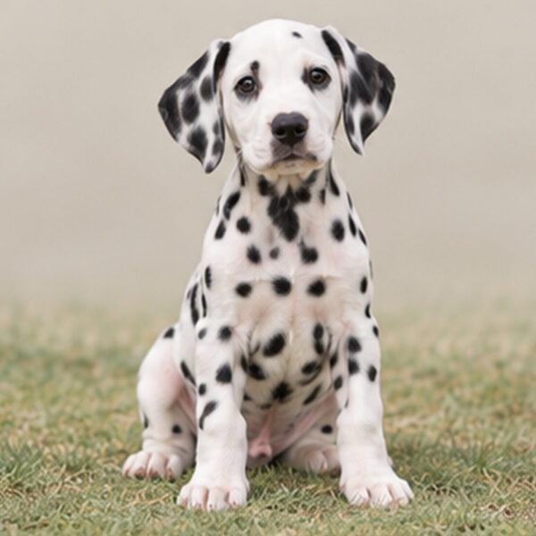 Spotted white coat, standing proudly with alert expression and perked ears