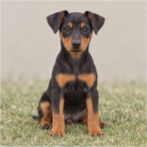 Sleek black and tan dog standing alert with a proud posture
