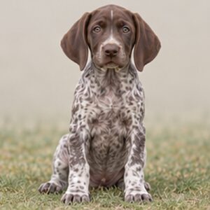Liver and white spotted dog standing proudly with alert expression