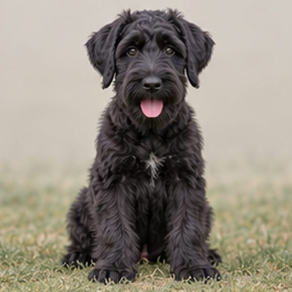 Large black dog with a dense, wiry coat standing proudly