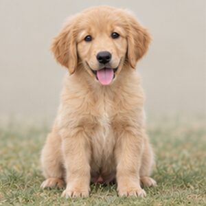 Fluffy golden coat, friendly expression, sitting attentively in a sunny field