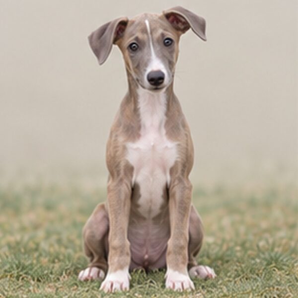 Sleek greyhound standing gracefully, showcasing short, smooth coat and alert expression