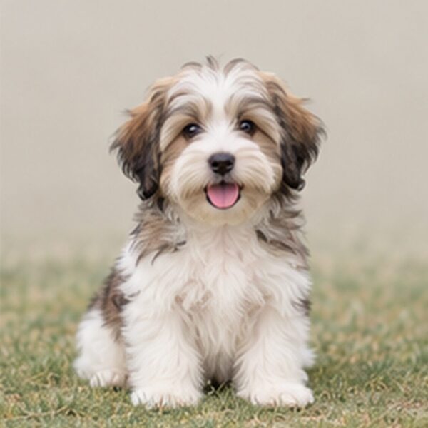 Fluffy, light-colored dog with long, flowing coat sitting playfully on grass