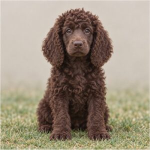 Curly, water-resistant coat in rich liver brown, playful posture by water's edge