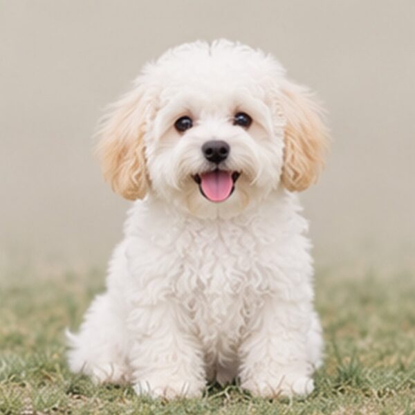 Fluffy white dog with a playful stance and bright eyes