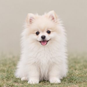 Fluffy white and tan dog standing attentively with a playful expression