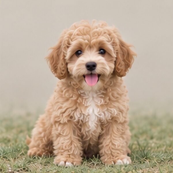 Small, fluffy dog with a curly white coat, sitting happily
