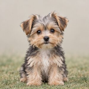 Small, fluffy dog with a blend of tan and black fur, sitting attentively