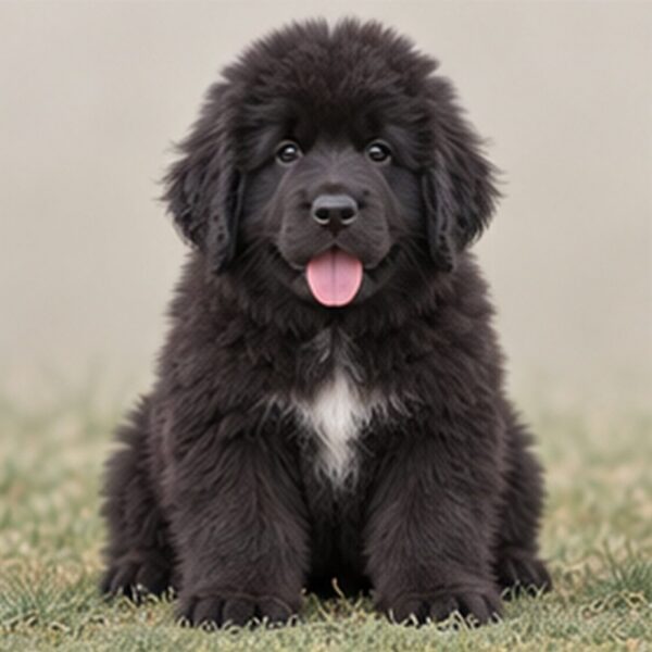Large, fluffy black dog with a thick coat, standing proudly by water