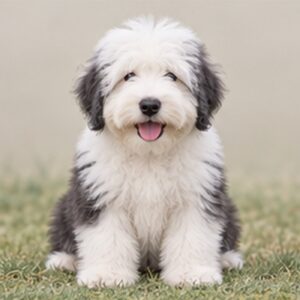 Fluffy, gray and white coat, standing confidently with a playful expression