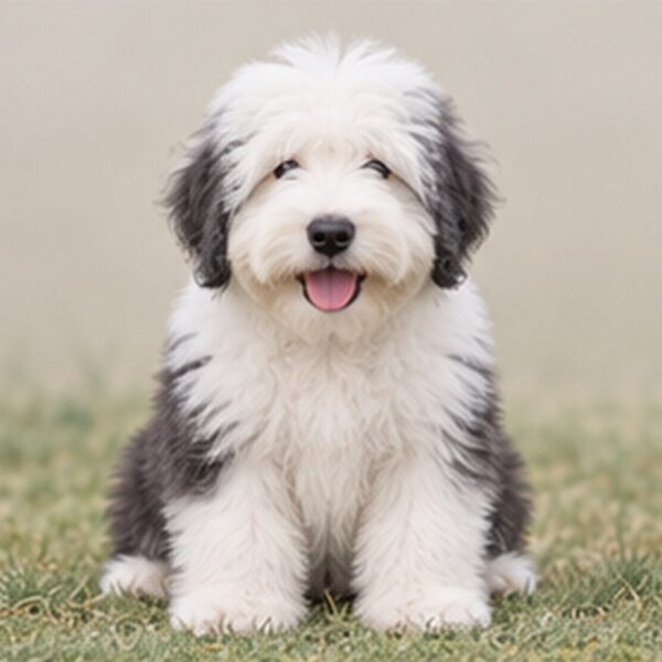 Fluffy, gray and white coat, standing confidently with a playful expression