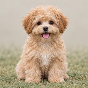 Fluffy tan and white dog sitting upright with a playful expression