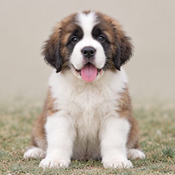 Large, fluffy Saint Bernard with a brown and white coat sitting proudly