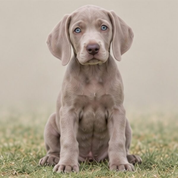 Silver-gray dog with a sleek coat standing alert in a grassy field